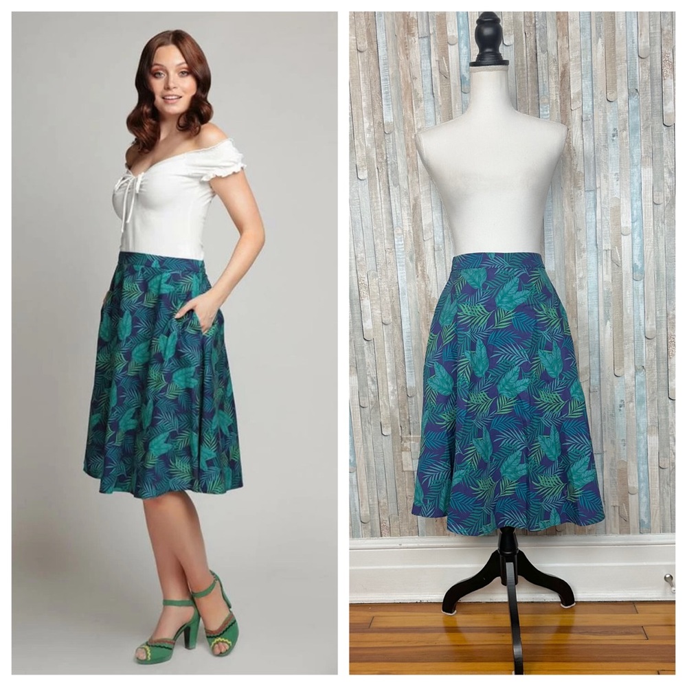 New Collectif 8 4 Mattie Cool Palm Leaf Print A Line Midi 50s Swing Skirt Retro